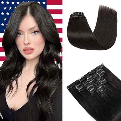 Elailite Clip in Human Hair Extensions, 125g 16 Inch 7pcs #1B Natural Black 100 Real Human Hair, Double Weft Handmade Soft Natural Straight Brazilian Virgin Remy Human Hair for Women