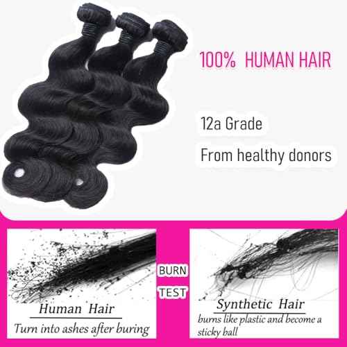 CHEEON Body Wave Bundles Human Hair 18 20 22 Inch Human Hair Bundles 12A Grade Unprocessed Brazilian Virgin Hair Extensions 3 Bundles Deal Natural Black