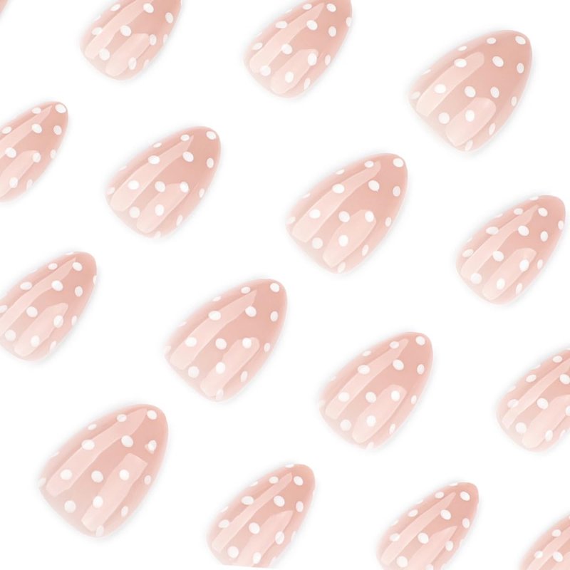 Polka Dot Press-On Nails - Short Almond Fake Nails with White Dots | Glossy Finish | 30 Pcs Set