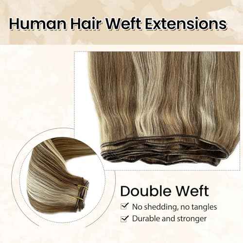 Weft Hair Extensions Balayage Human Hair Weft Extensions Ash Blonde Highlights Sew in Hair Extensions Real Human Hair 20 Inch 100G Hand Tied Weft Hair Extensions Human Hair Sew in Bundles Remy Hair