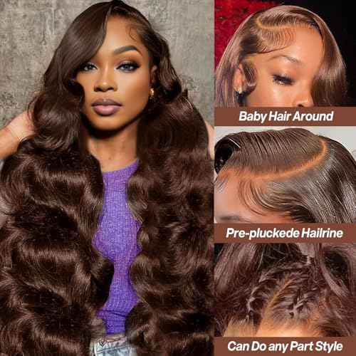 24 Inch Chocolate Brown Human Hair Wig 200 Density Body Wave Lace Front Wigs Human Hair Pre Plucked 13X4 HD Frontal Wig 4# Colored Brown Wig For Women Glueless Wigs