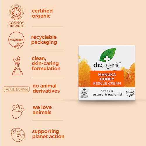 Dr. Organic Manuka Honey Rescue Cream | Nourishing and Soothing Face Cream for Dry Skin, Intensive Hypoallergenic Emollient, Certified Organic, Paraben & SLS-Free, Natural, 50 ml / 1.7 fl oz