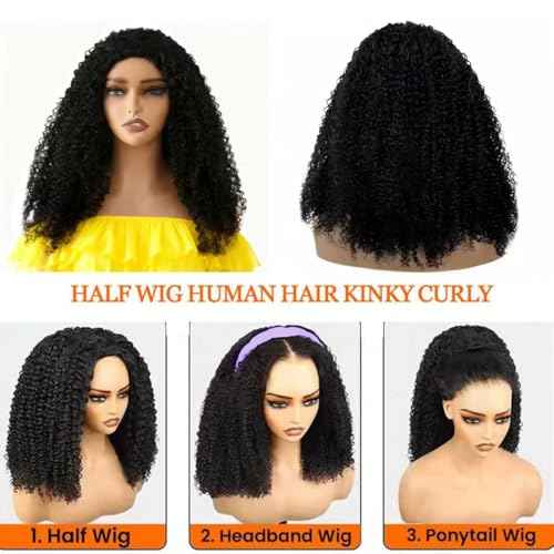 Half Wig Human Hair Kinky Curly 220% Density Glueless Wigs Human Hair 3 In 1 Seamless Flip Over Human Hair Curly Half Wigs for Women Drawstring Seamless (22 Inch)