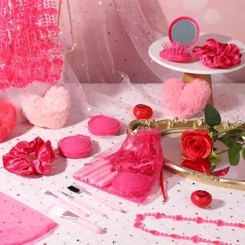 Pink Girl Party Favors Girl Makeup Party Favor Party Supplies Set Includes Pink Gauze Bags, Hair Scrunchies, Foldable Mirror Hair Brushes, Makeup Brushes Toys(48 Pcs)