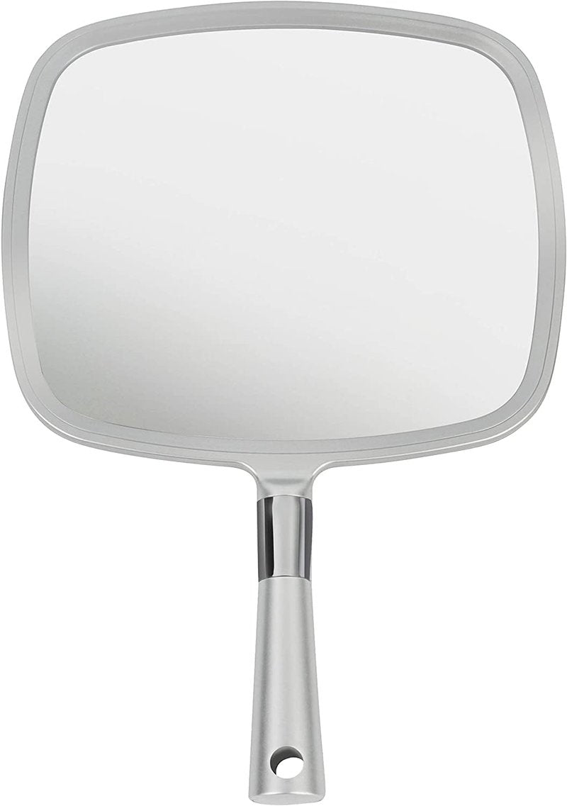 MIRRORVANA Professional Large Hand Mirror with Ergonomic Handle for Men & Women - Premium Handheld Haircut Mirrors for Barber and Salon - 9" x 13" (Elegant Silver Luxe Edition)