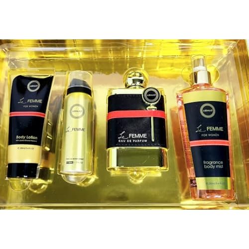 ARMAF Le Femme 4-Piece Set for Women, (3.4 Oz Eau De Parfum + 3.4 Oz Body Lotion + 1.7 Oz Body Spray + 8.4 Oz Body Mist)