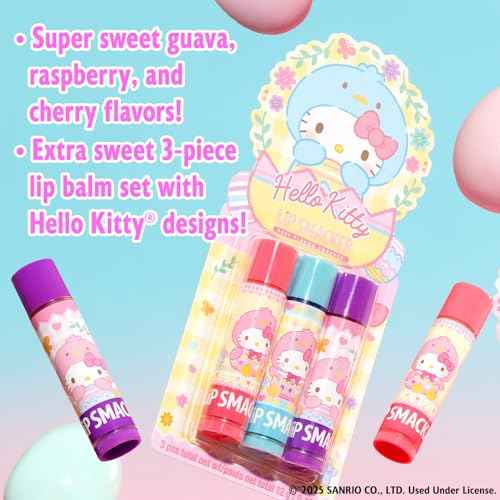 Lip Smacker Hello Kitty Lip Balm Trio, Adorable Sanrio Collectible, Moisturizing & Nourishing Fruity Flavors, Guavalicious Day, Raspberry Roll, Cherry Sweet- Blue