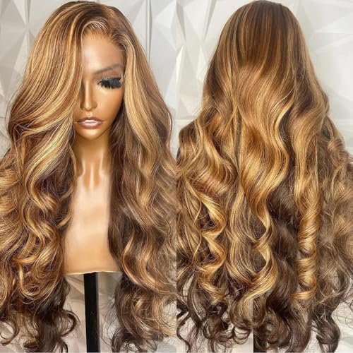 200% Density Ombre Highlight 13X6 Tansparent Lace front Wig Human Hair HD Lace Frontal 4/27 Honey Blond Brown Highlights Wigs Pre Plucked with Baby Hair Glueless Highlighted Wigs