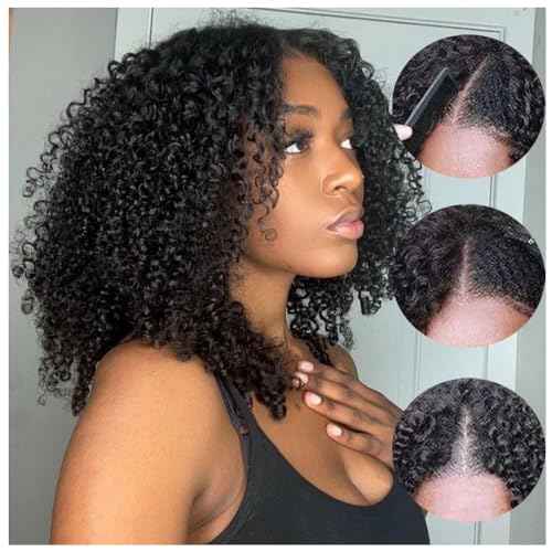Glueless V Part Wigs Human Hair Afro Kinky Curly Upgrade U Part Human Hair Wigs for Black Women Kinky Curly Bob Pixie Cut Wig Full Head Clip In Half Wig No Leave Out 200% Density 14 Inch