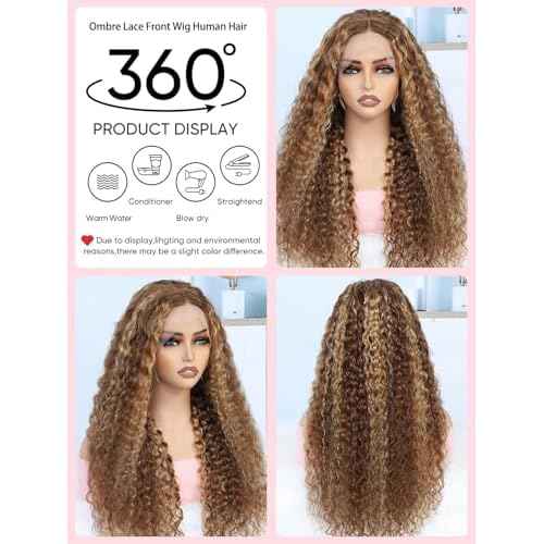 NOELLA 13x6 HD Lace Front Wigs Human Hair 24 Inch Honey Blonde Highlight Ombre Water Wave Curly Human Hair Wigs 210% Density Wet and Wavy Lace Frontal Glueless Wig For Black Women