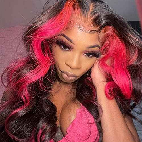 Wave Ombre Lace Frontal Wig Human Hair Wigs 13X4X1 Pink/Red 150% Density 22inch T Part Transparent Lace Front Wigs for Black Women