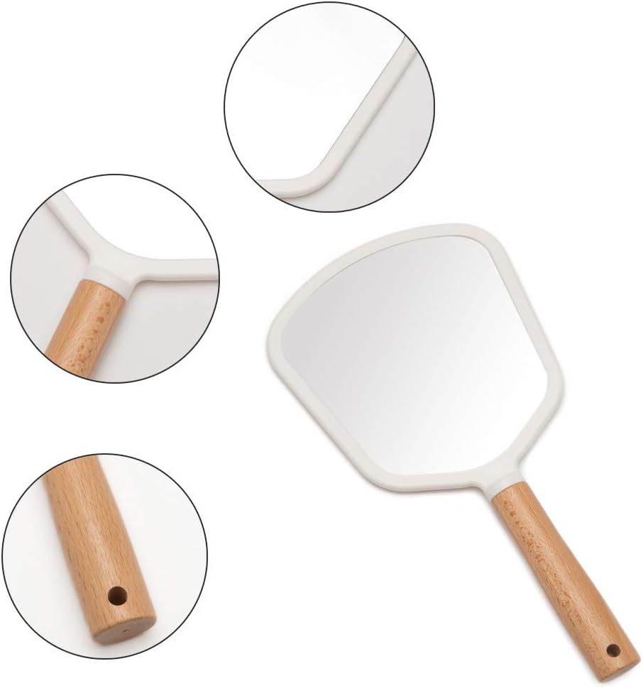 YEAKE Hand Held Mirror with Handle for Makeup,Small Cute Wood Hand Mirror for Shaving with Hole Hanging Single-Sided Portable Travel Vanity Mirror for Men&Women(Fanshape)