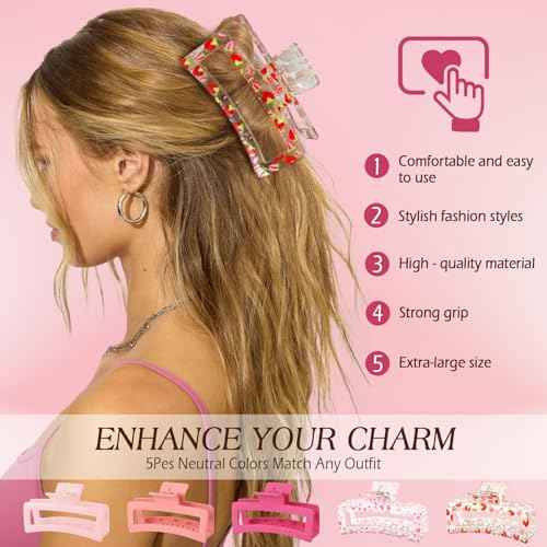 5 PCS 5 Inch Extra Large Claw Clips for Women, Acrylic Jumbo Claw clips for Thick Long Curly Hair, Rectangle Matte Hair Claws Clips, Non-slip Square Hair Clips for Women, Christmas Gifts (cherry pink)