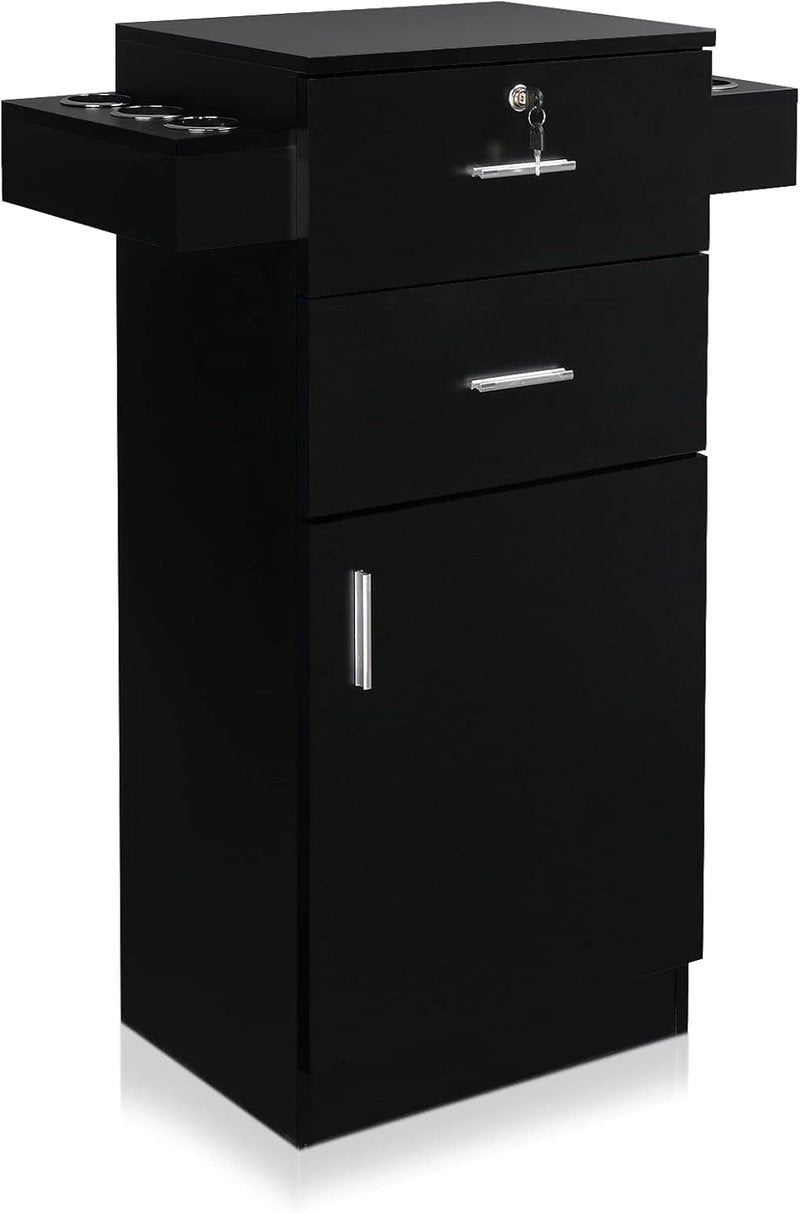 OmySalon Hair Stylist Salon Station - Large Storage Cabinet with 2 Drawers & 6 Hair Dryer Holders | Black