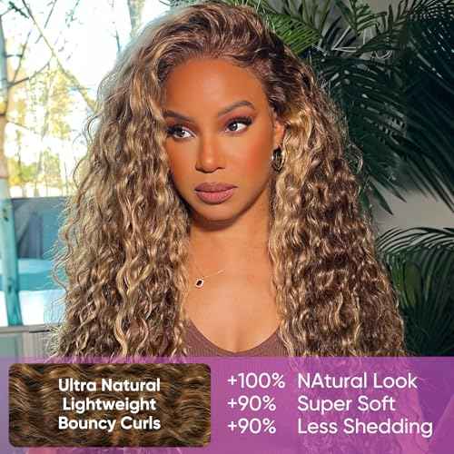 Honey Blonde Glueless Wigs Human Hair Pre Plucked Pre Cut Ombre Deep Wave Lace Front Wigs Human Hair 250% Density Upgrade 13x6 Frontal HD Lace Highlight P4/27 Curly Glueless Wig 22 Inch