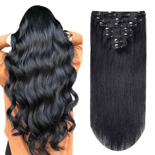 Hair Extensions Real Human Hair 16 inch 120g Jet Black Hair Extensions Clip in Human Hair Straight Real Hair Extensions (16inch,7pcs,120g)
