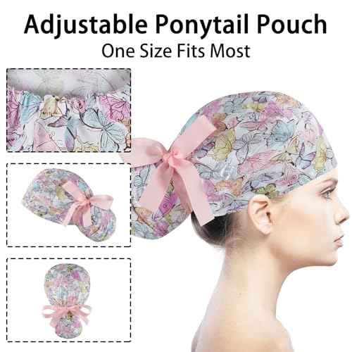 Scrub Caps Women Bouffant Scrub Hats Caps Nurses, Adjustable Working Cap Ponytail Pouch Tie Back Hats