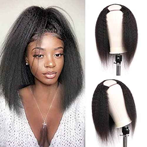 huarisi Kinky Straight Wigs U Part Human Hair Short Yaki Straight Wig for Black Women 9A Brazilian Hair Wigs 150 Density Upart Wig without Lace Easy to Install 14 inch