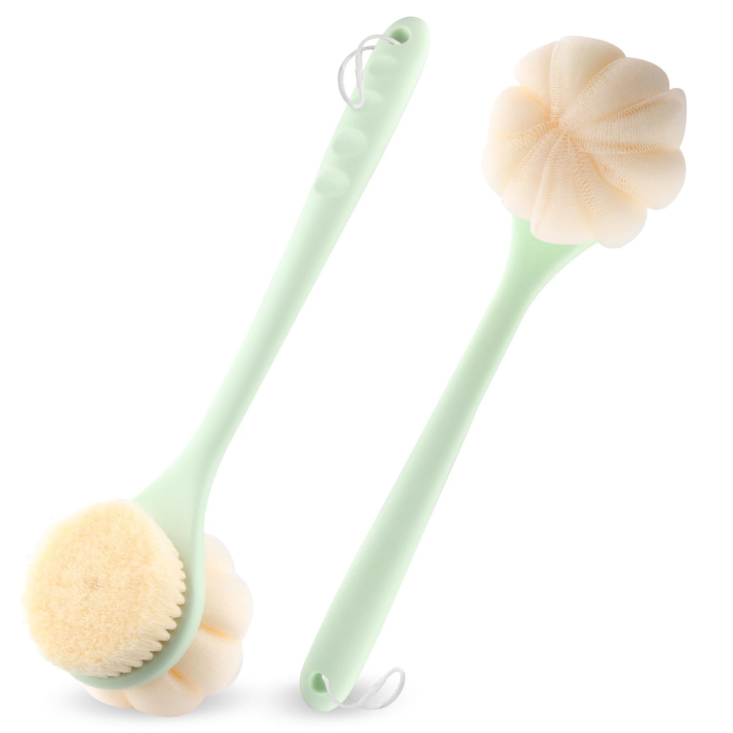 2 Pcs Double Sided Bath Brush Long Handled Shower Brush Massage Body Cleaning Mesh Sponge with Soft Bristles and Loofah for Skin Exfoliating Bath - Green