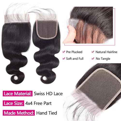 12A human Hair Bundles With Closure(14 16 18+12) Body Wave Bundles Human Hair With 4x4 Lace Closure Human Hair Brazilian Virgin Hair Weave Bundle With Closure Free Part