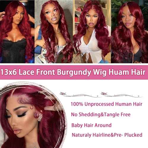 24Inch 99J Burgundy Lace Front Wigs Human Hair 13x6 Body Wave Glueless Wigs 180% Density Red Wig HD Transparent Wine Red Lace Front Wigs Human Hair