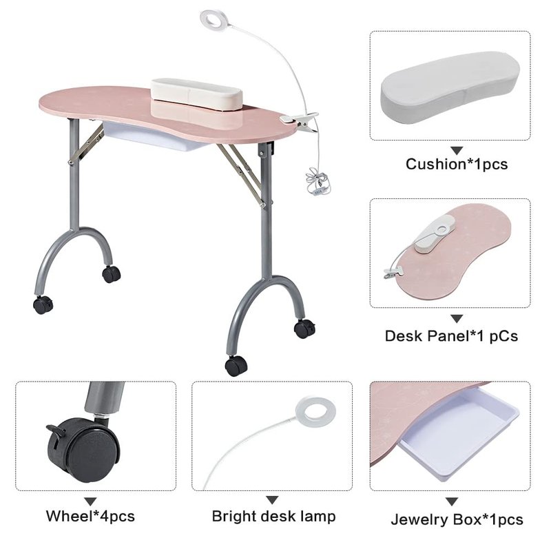 CHAOEEMY Portable Manicure Table，Folding Nail Desk for Teach with Large PP Plastic Drawer、LED-Light、Wrist Rest、Carry Bag for Home Manicure、spa Salon、professtional Nail Painting、Tattoo,Pink