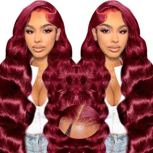 LuAiJa 9x6 Wine Red Body Wave Glueless Wigs Human Hair Dark Burgundy Wear and Go Glueless Wig 99J HD Lace Front Human Hair WIg 28 Inch Red Wigs Pre Everything 200% Density for Women