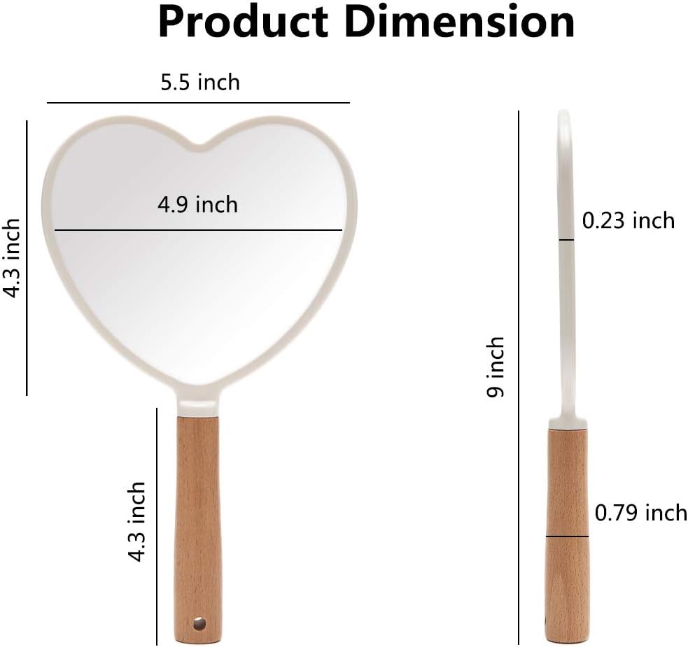 YEAKE Hand Held Mirror with Handle for Makeup,Small Cute Wood Hand Mirror for Shaving with Hole Hanging Single-Sided Portable Travel Vanity Mirror for Men&Women(Heart)