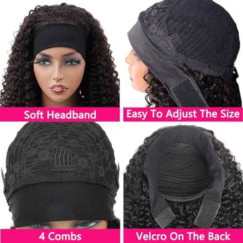 Aiterina Kinky Curly Human Hair Headband Wig Curly Human Hair Wigs 150% Density Brazilian Virgin Human Hair Machine Made Wig for Black Women Non Lace Front Wig Natural Color (Headband Wig, 26inch)