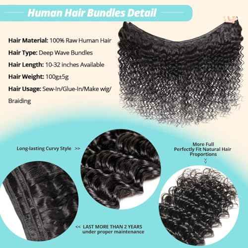 12A Human Hair Bundles 12 14 16 18 Inch Deep Wave Bundles Human Hair 100% Unprocessed Brazilian Virgin Deep Curly Weave 4 Bundle Water Wavy Hair Extensions Real Human Hair 1B Bundle for Women