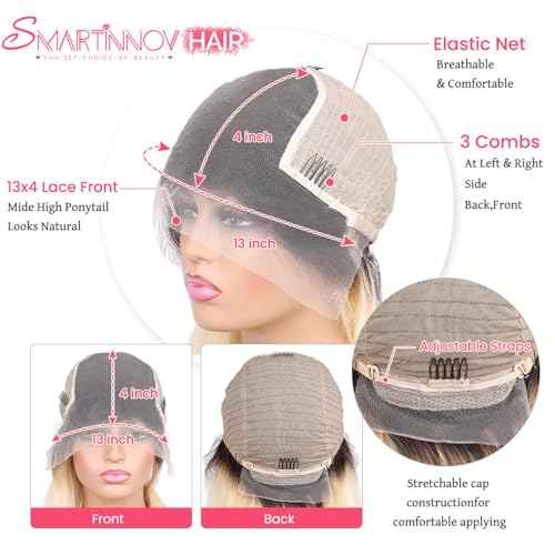 Smartinnov Ombre Blonde Lace Front Wig 13x4 HD Transparent Human Hair 16 Inch with Natural Black Root Pre Plucked with Baby Hair 150% Density Lace Frontal Wigs Bleached Knots for Women