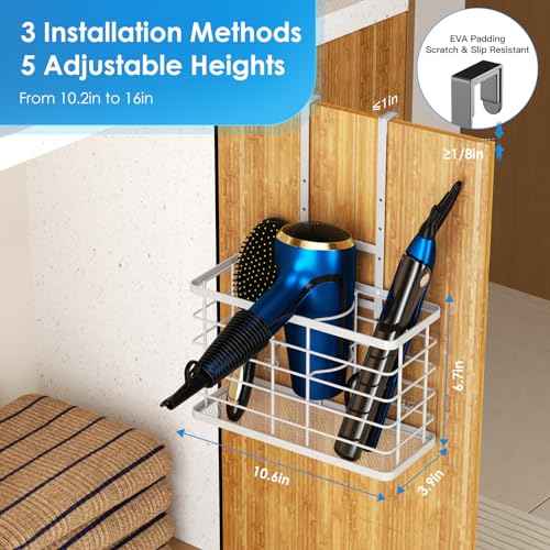 Hair Tool Organizer, Dryer Holder, 3 in 1 Blow Bathroom Organizer Wall Mounted/Cabinet Door for Flat Iron, Curling Straightener, Care & Styling Tools Storage Basket (White)