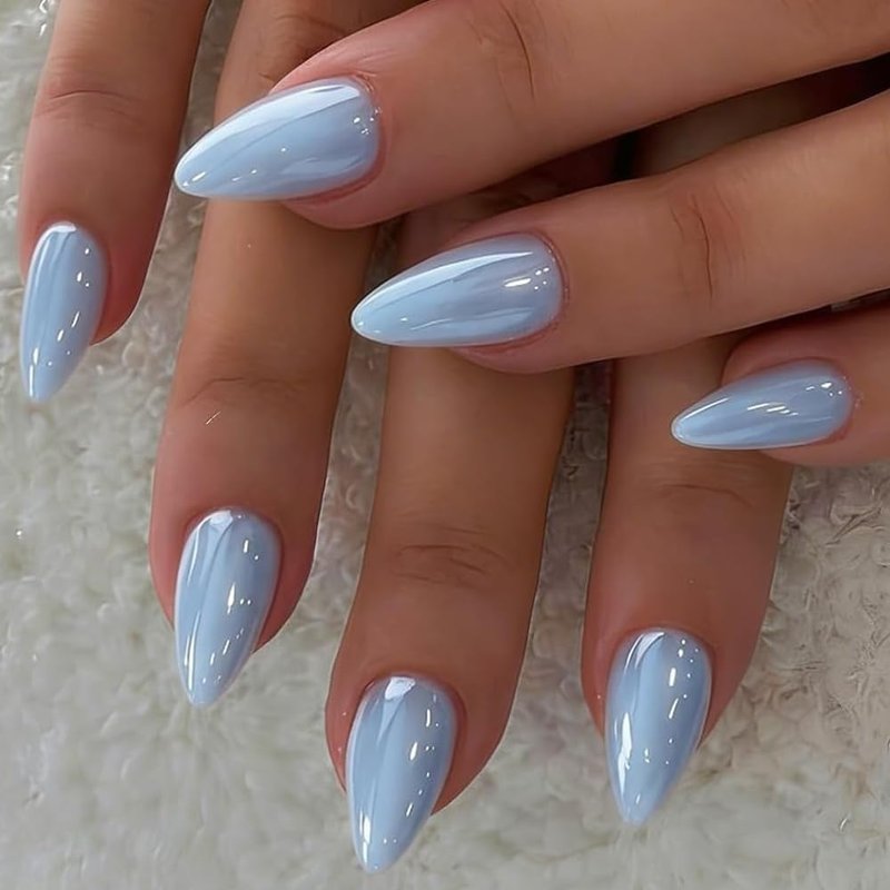 Chrome Baby Blue Press on Nails Short Almond, Shiny Soft Gel Fake Nails with Glazed Sparkle UV Finish, 30 Pcs Designed Glue on Nails Short Stiletto, Reusable Thick Cute Nail Set with Glue