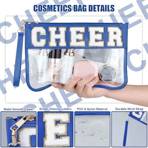 Cheer Chenille Letter Bags Clear Makeup Bag, Cheerleader Gifts Cosmetic Bag, Varsity Preppy Patch Flat Pouch Cheer Accessories, Waterproof PVC Organizer Toiletry Bag for Women Girls Navy Blue