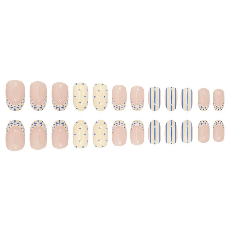 Blue White Press on Nails Stripe Fake Nails French Tip Glue on Nails with Point Design Short Almond Stick on Nail Artificial Acrylic Glossy Full Cover False Nail for Women Girls Manicure 24Pcs