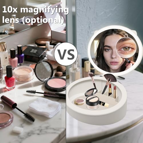 Makeup Mirror with Light, 4K high-Definition Touch Screen Travel Vanity Mirror with 3 Types of Lights, USB Charging, Detachable 3-inch 10x Magnifying Glass (White)