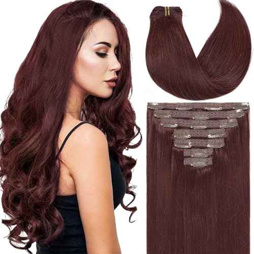Caliee Hair Extenisons Clip in Human Hair Double Lace Weft Color Wine Red 7 Pcs 120 G Silky Straight Thick Remy Seamless Hair Extensions Clip in Human Hair 18 Inch