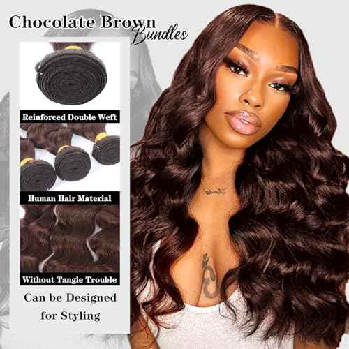 Brown Bundles Human Hair Loose Wave Human Hair 3 Bundles (#4, 12 14 16) 12A 100% Unprocessed Brazilian Virgin Hair Loose Deep Wave Remy Human Hair Extension 4# Color