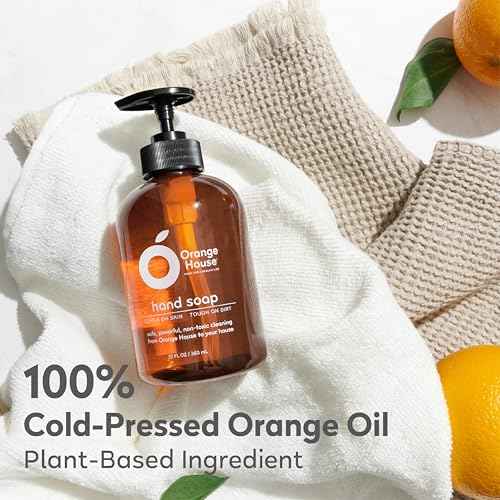 ORANGE HOUSE Natural Liquid Hand Soap, Food-Grade Orange Oil Moisturizing Hand Wash, Plant-Based & Hypoallergenic, Gentle for Sensitive Skin, Non-Toxic Citrus Scented Soap, 12 Fl Oz (6 Pack)