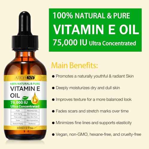 Vitamin E Oil for Skin - 75,000 IU | Vitamin E Oil for Scars, Stretch Marks, Wrinkles, 100% Natural d-Alpha Tocopherol for Face & Hair, Moisturizing Anti-Aging (60 ML)