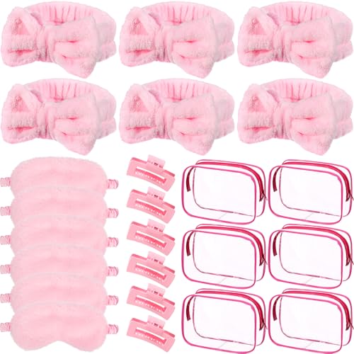 Hoteam 24 Pcs Sleepover Spa Party Favors Supplies 6 Spa Headband 6 Plush Sleep Eye Mask 6 Hair Claw Clips 6 Clear Cosmetic Bags for Slumber Party Christmas Gift(Pink)
