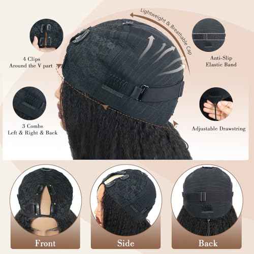 Kinky Straight V Part Wig Human Hair 20 Inch V Part Wig For Women with Drawstring 180% Density Upgrade Glueless U Part Wig No Leave Out No Sew In Kinky Straight Human Hair Wigs Natural Black