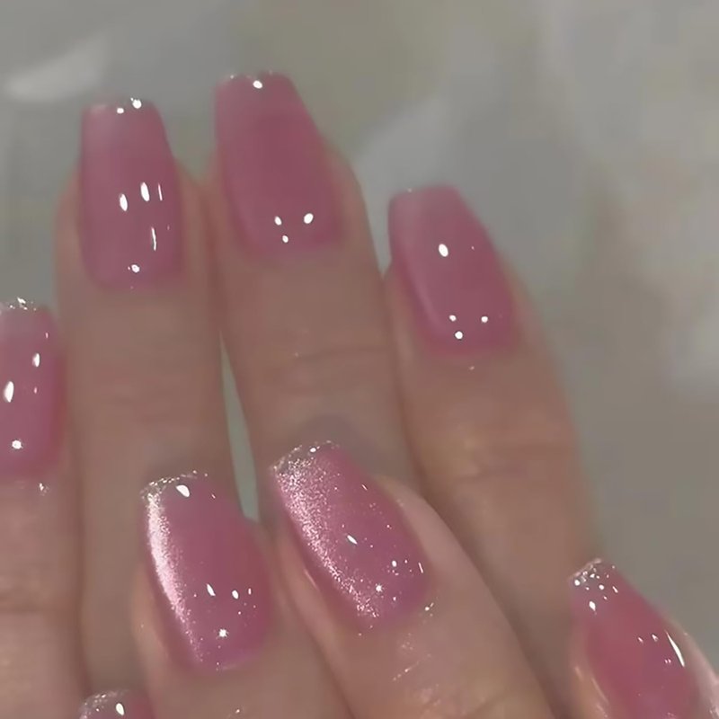 Pink Cat Eye Press-On Nails - Medium Coffin Glossy Glitter Full Cover | 24 Pcs Reusable Acrylic for Women