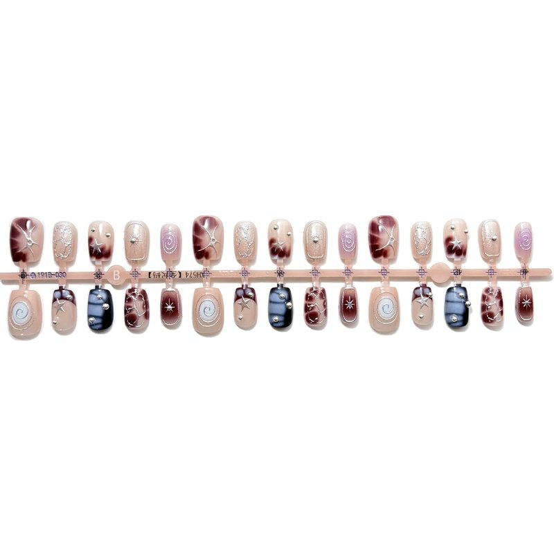 CyberPunk Y2K Press on Nails Short Square Metallic Silver Star Swirl False Nails Gothic Gradient Brown Blue Fake Nails French Tip Nails Press ons for Women Manicure 30Pcs