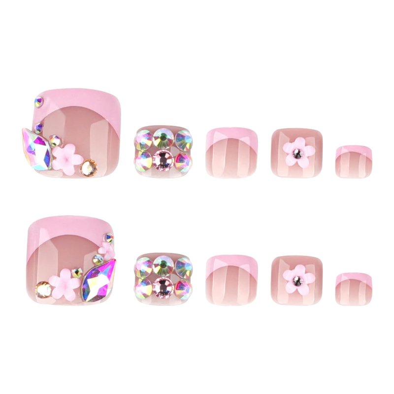 Press-On Toenails - Pink French Tip Floral Design with Rhinestones | Short Square Full Cover for Women