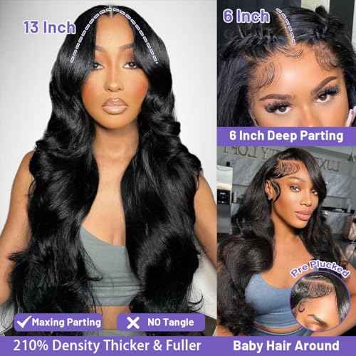 13x6 HD Lace Front Wigs Human Hair 22 inch Body Wave Frontal Wigs Human Hair 210% Density Body Wave Human Hair Wig for Women Pre Plucked Bleached Knots with Baby Hair Natural Black