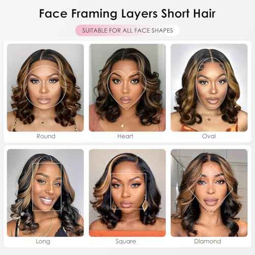 250% Human Hair Wigs For Black Women Highlight Bob Wig Human Hair With Layered Curtain Bangs Face-Framing 6x6 Lace Closure Glueless Wigs Human Hair Pre Cut 15A Ombre Loose Body Wave Wig 1B30 14Inch