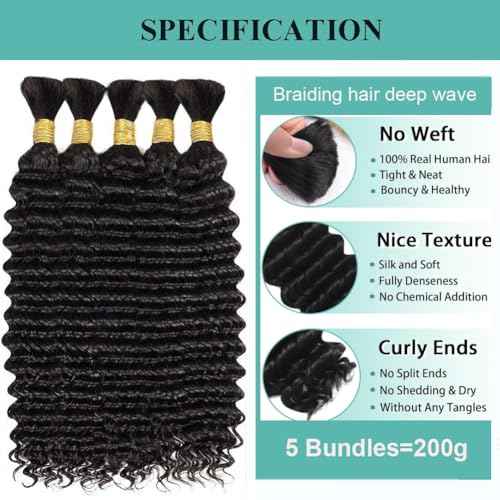 Human Braiding Hair for Boho Braids 200g 20 Inch Deep Wave Boho Hair for Braiding Curly Human Hair Extensions Knotless 12A Bulk Bohemian 5 Bundles/Pack Natural Color