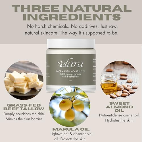 Elara Beef Tallow For Skin - Whipped Tallow Balm For Face And Body - 100% Grass-Fed Tallow Skin Balm With Marula And Sweet Almond Oil - 4 Fl. Oz. - Lavender