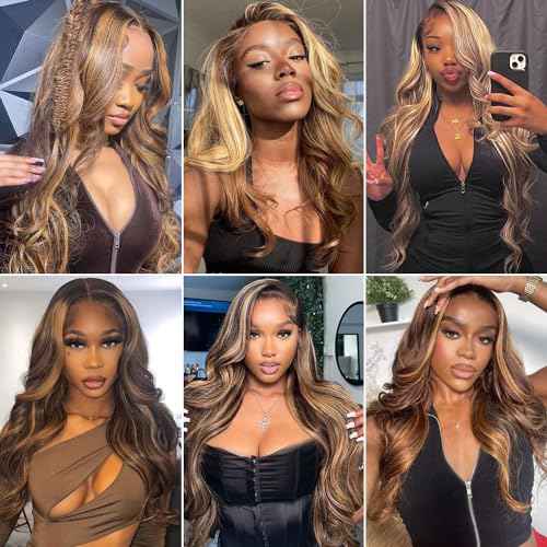 Highlight Ombre Lace Front Wig Human Hair Pre Plucked 13x4 HD Transparent 4/27 Colored Honey Blonde Lace Frontal Wigs For Women with Baby Hair 200% Density Body Wave Lace Front Wig 20 Inch